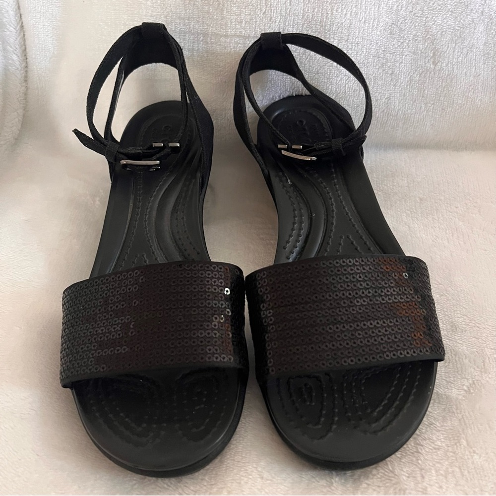 Crocs Black Strappy Sequin Party Lightweight Fairy Vixen 2.5" Wedge Heel Shoe 5